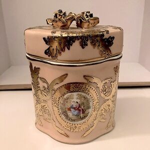 Ornate Ceramic Container, Pink and Gold, Featuring Regency-era Couple